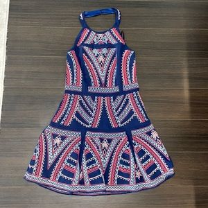 Navy blue, embroidered halter top dress